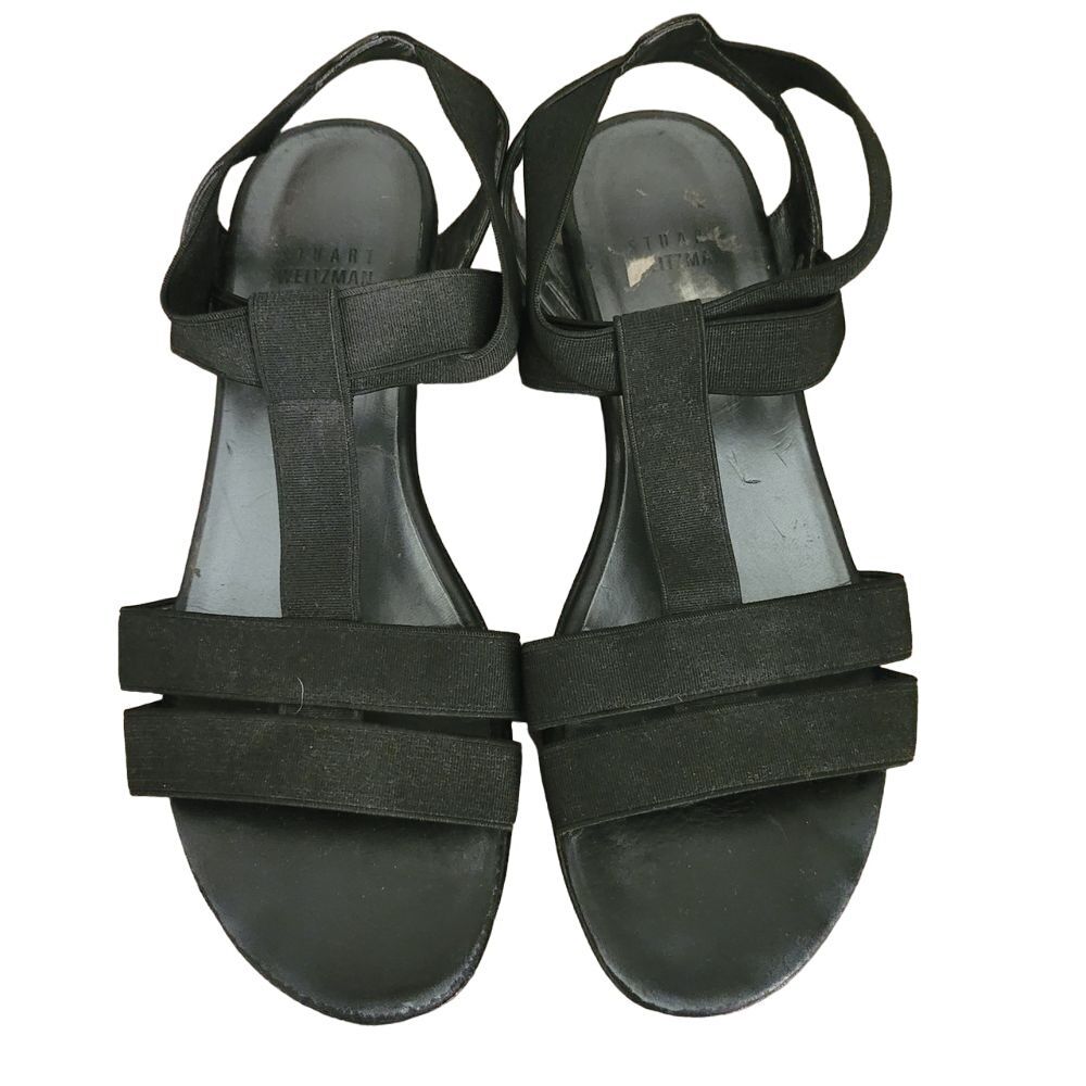 Stuart Weitzman Black Elastic Strappy Flat Sandals Women 7M Spain Minimalist Vtg